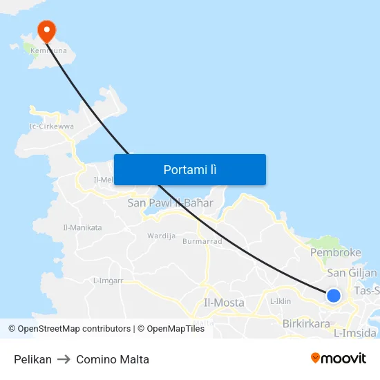 Pelikan to Comino Malta map