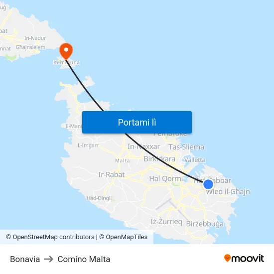 Bonavia to Comino Malta map