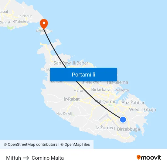 Miftuh to Comino Malta map
