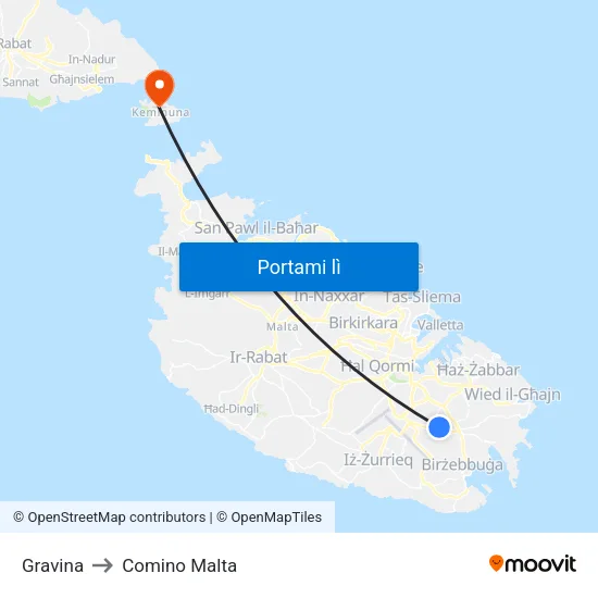 Gravina to Comino Malta map