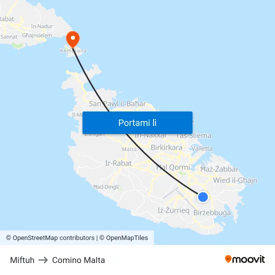 Miftuh to Comino Malta map