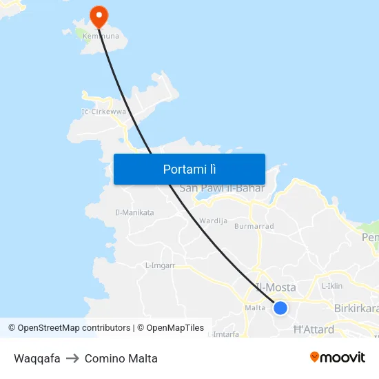 Waqqafa to Comino Malta map