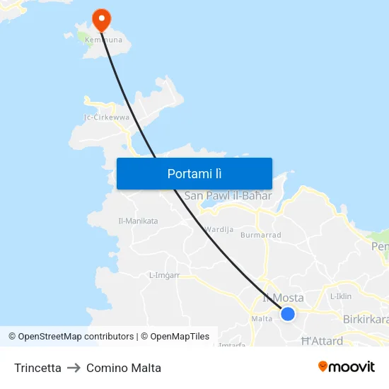 Trincetta to Comino Malta map