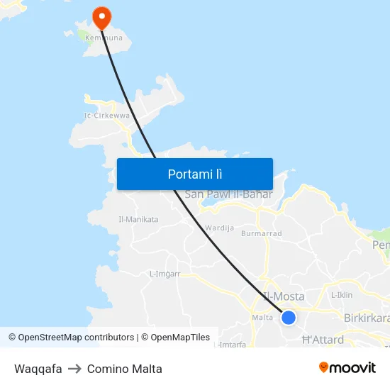 Waqqafa to Comino Malta map