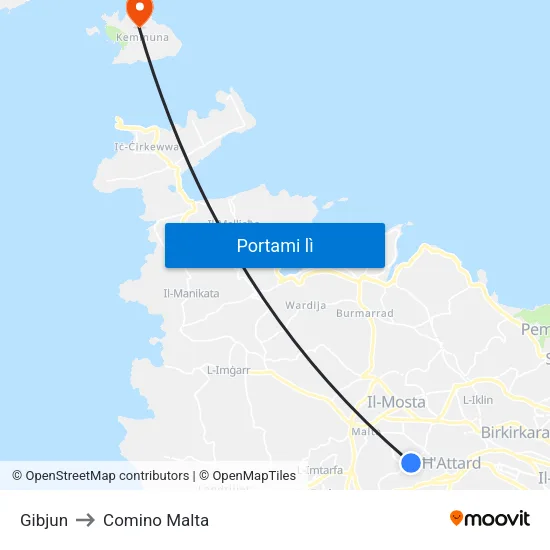 Gibjun to Comino Malta map