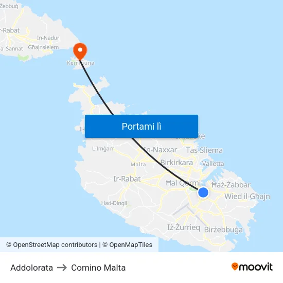 Addolorata to Comino Malta map