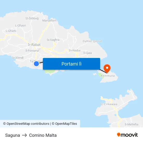 Saguna to Comino Malta map