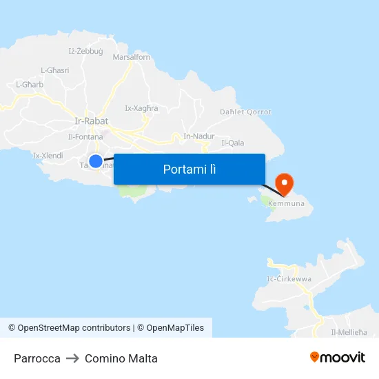 Parrocca to Comino Malta map