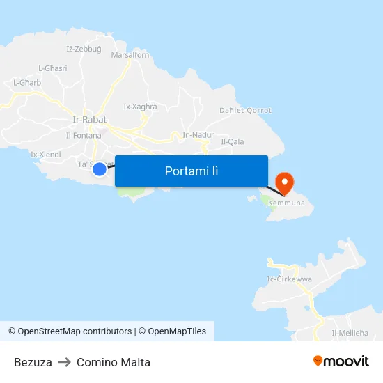 Bezuza to Comino Malta map
