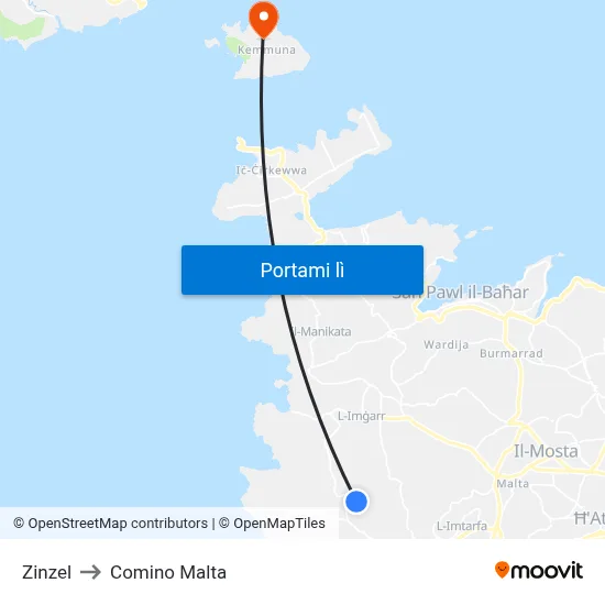 Zinzel to Comino Malta map