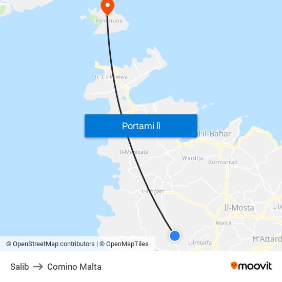 Salib to Comino Malta map
