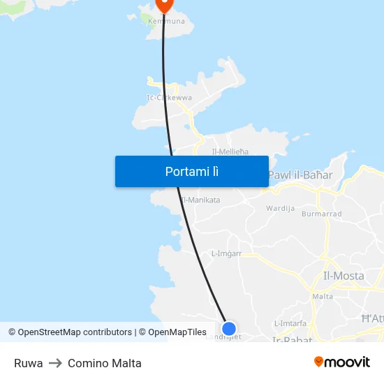 Ruwa to Comino Malta map