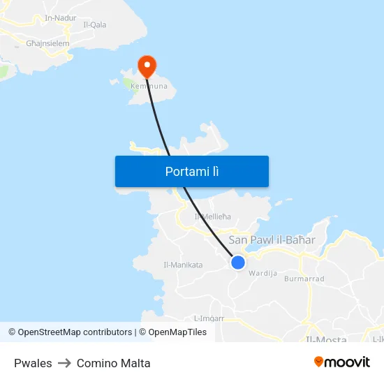 Pwales to Comino Malta map