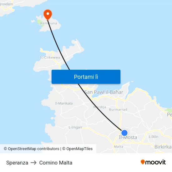 Speranza to Comino Malta map