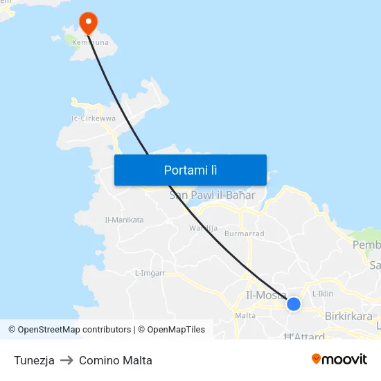 Tunezja to Comino Malta map