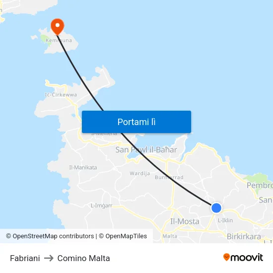 Fabriani to Comino Malta map