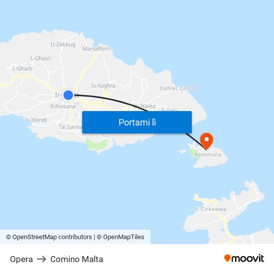 Opera to Comino Malta map