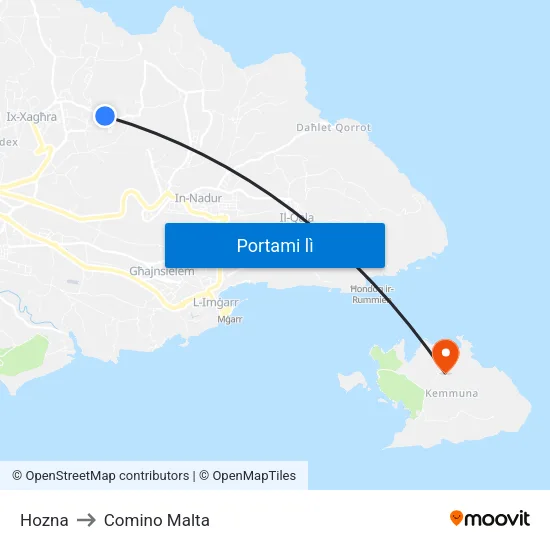 Hozna to Comino Malta map