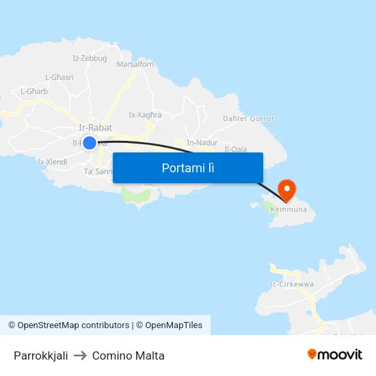 Parrokkjali to Comino Malta map