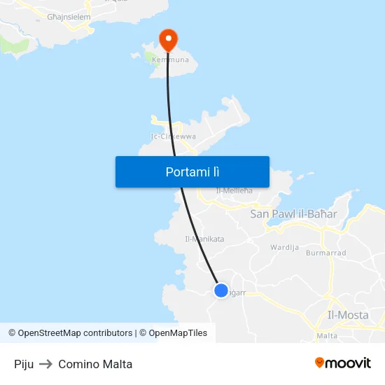 Piju to Comino Malta map