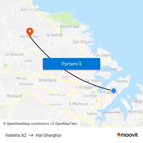 Valletta A2 to Hal Gharghur map