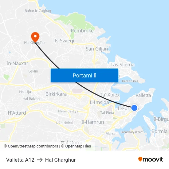 Valletta A12 to Hal Gharghur map