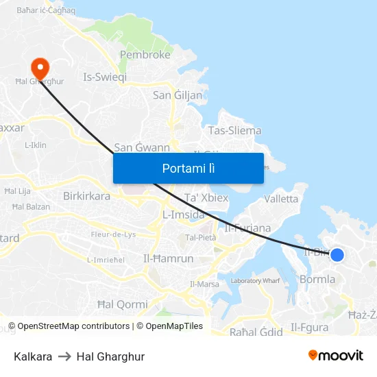 Kalkara to Hal Gharghur map