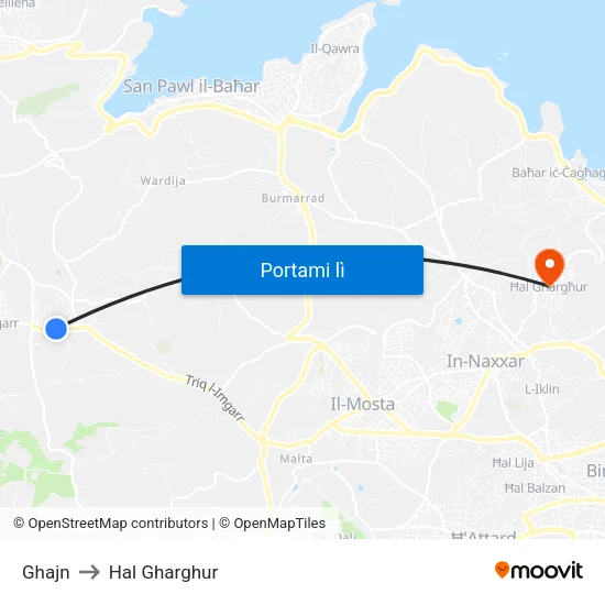 Ghajn to Hal Gharghur map