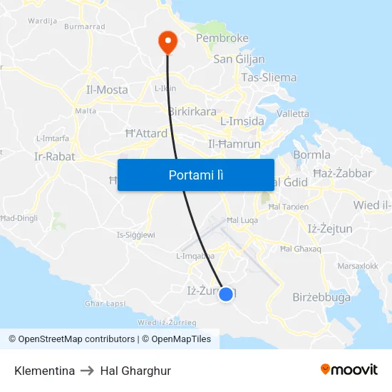 Klementina to Hal Gharghur map