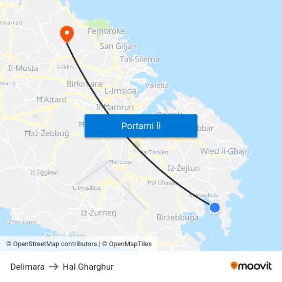 Delimara to Hal Gharghur map