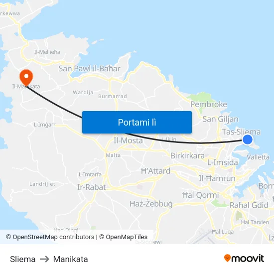 Sliema to Manikata map