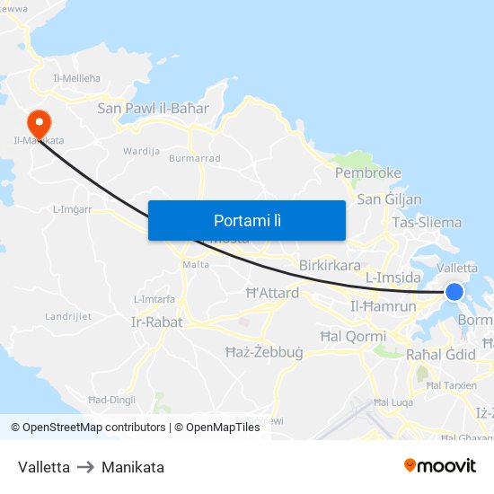 Valletta to Manikata map