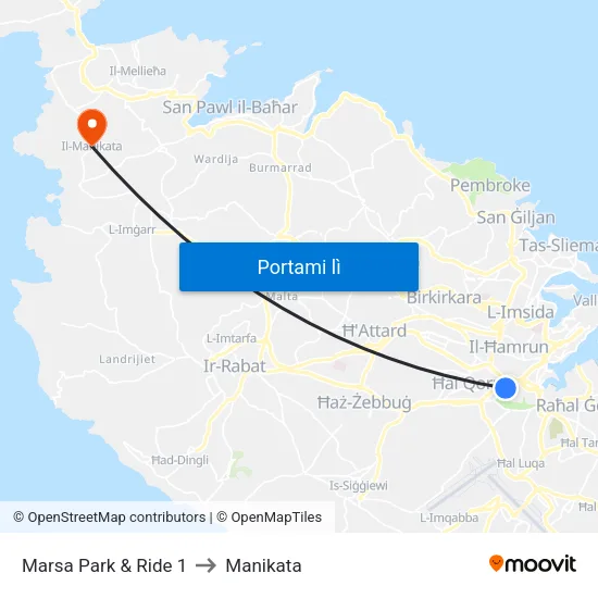 Marsa Park & Ride 1 to Manikata map