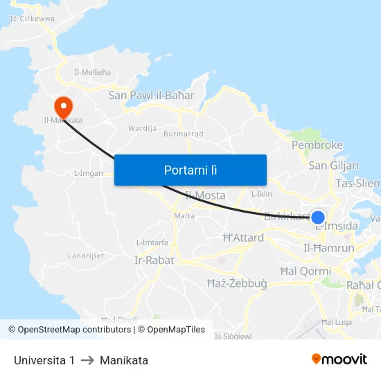 Universita 1 to Manikata map