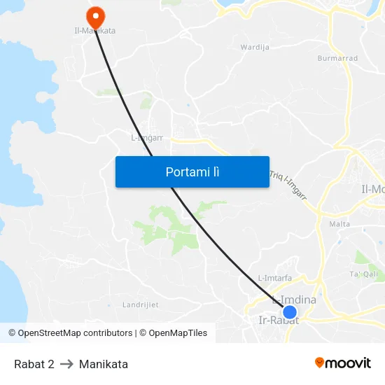 Rabat 2 to Manikata map