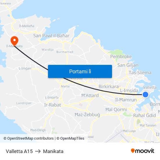 Valletta A15 to Manikata map