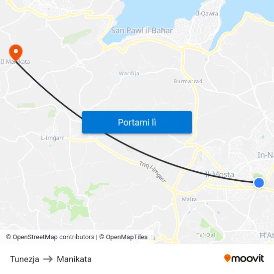 Tunezja to Manikata map
