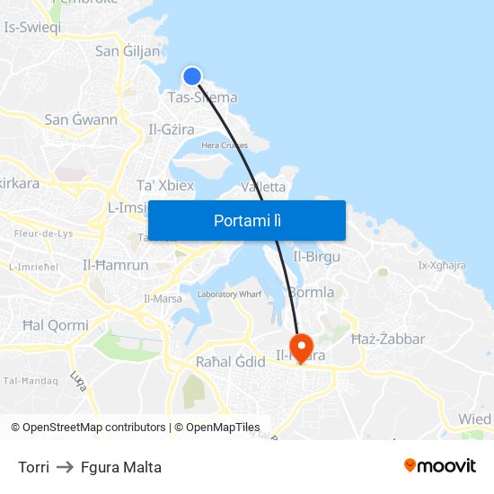 Torri to Fgura Malta map