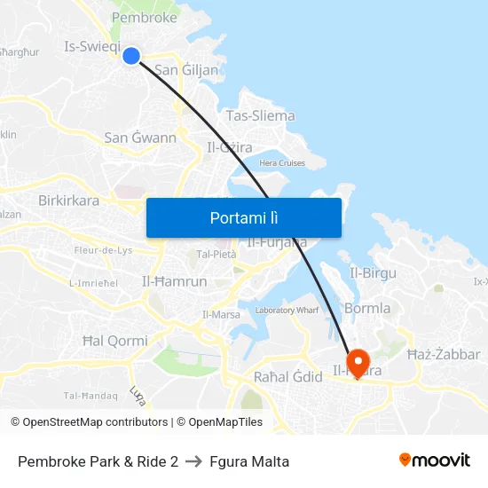 Pembroke Park & Ride 2 to Fgura Malta map