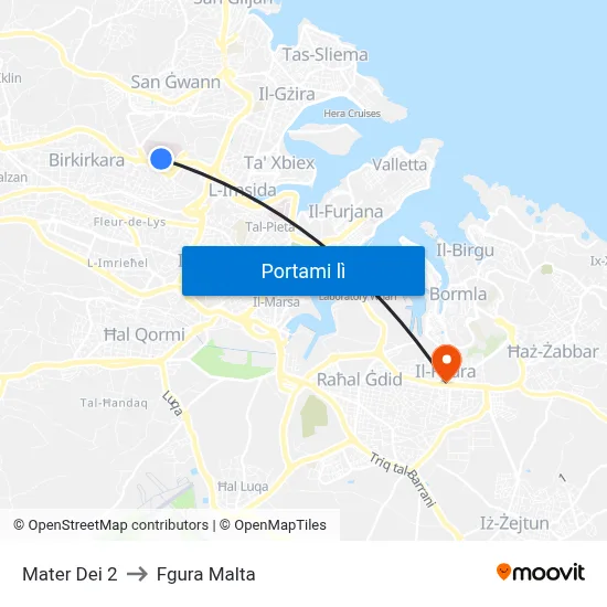 Mater Dei 2 to Fgura Malta map