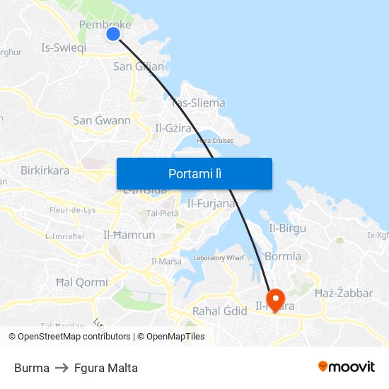 Burma to Fgura Malta map