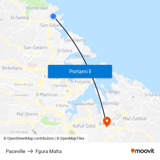 Paceville to Fgura Malta map