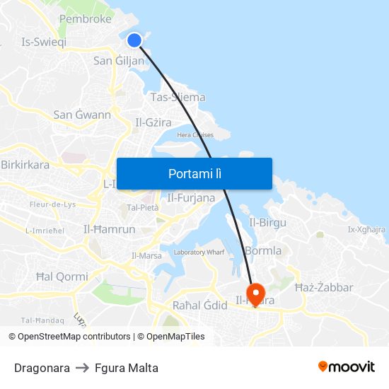 Dragonara to Fgura Malta map