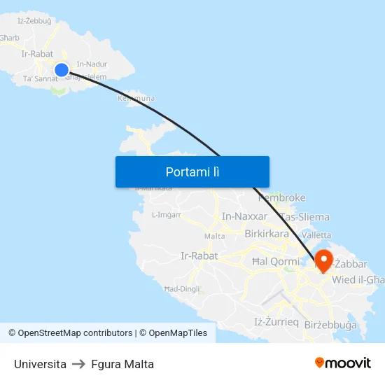 Universita to Fgura Malta map