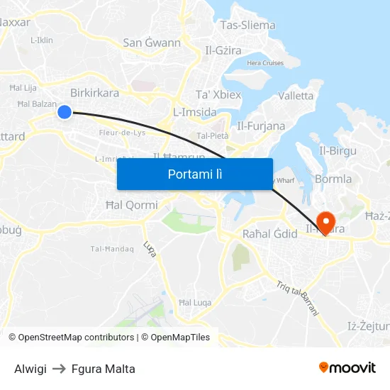 Alwigi to Fgura Malta map