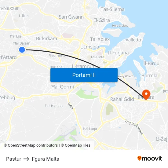 Pastur to Fgura Malta map