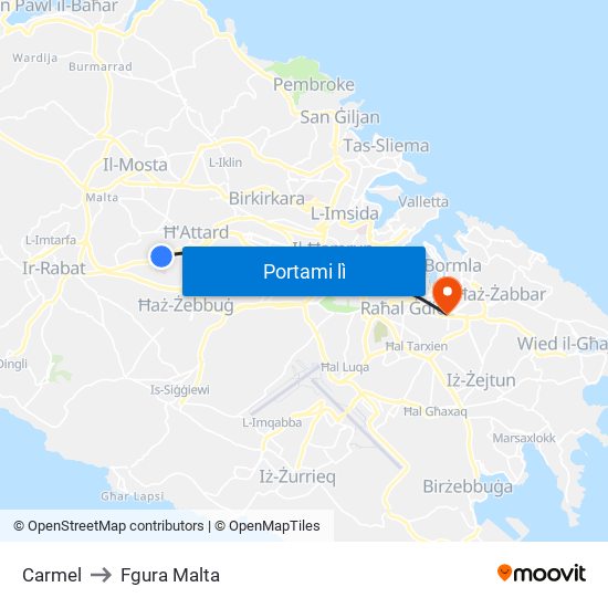 Carmel to Fgura Malta map