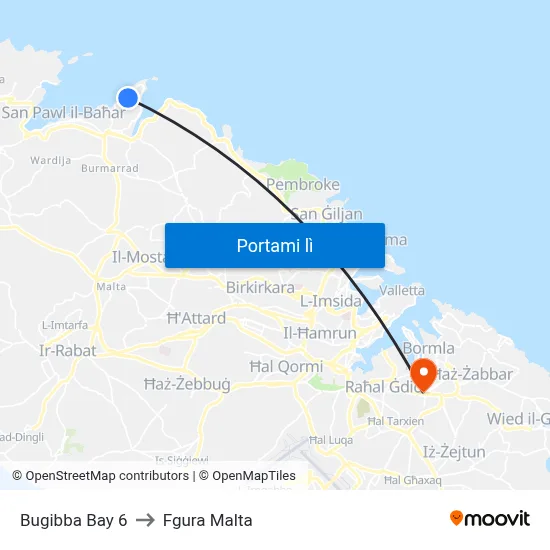 Bugibba Bay 6 to Fgura Malta map