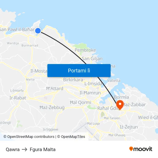 Qawra to Fgura Malta map