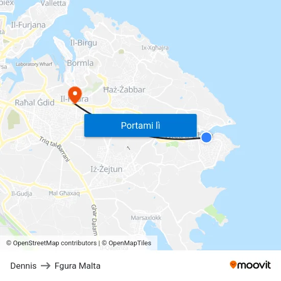 Dennis to Fgura Malta map